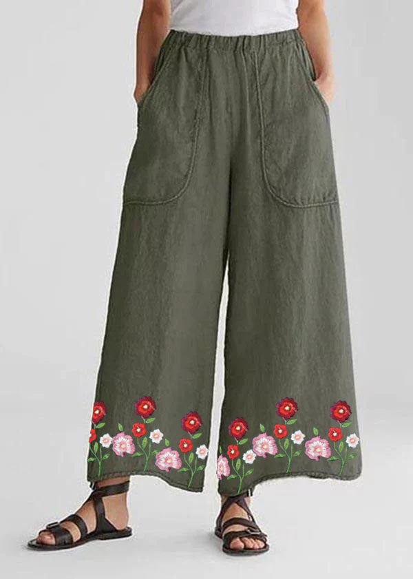 Tea Green-flower Cotton Linen Loose Wide Leg Pants