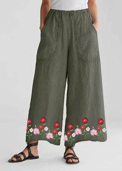 Tea Green-flower Cotton Linen Loose Wide Leg Pants