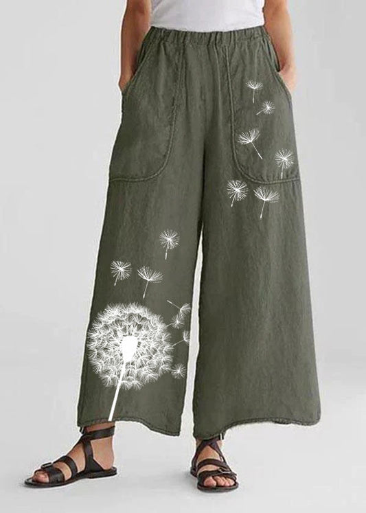 Tea Green-dandelion Cotton Linen Loose Wide Leg Pants