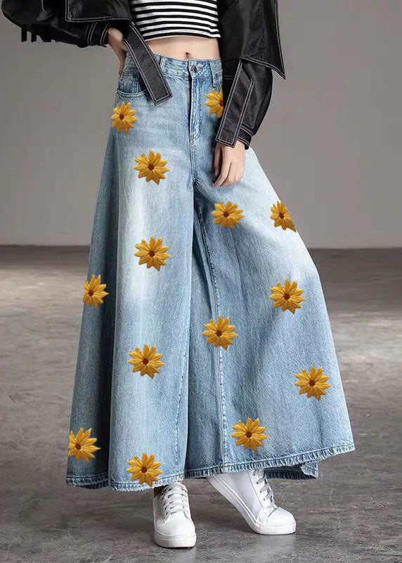 Diy Light Blue-sunflower Pockets Wide Leg Fall Denim Pants