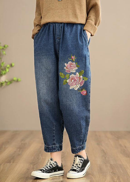 Handmade Spring Pants Oversize Denim Blue-little Flower Photography Elastic Waist Trousers