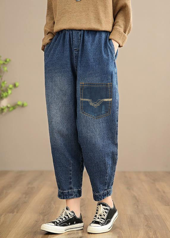 Handmade Spring Pants Oversize Denim Blue-rose Photography Elastic Waist Trousers