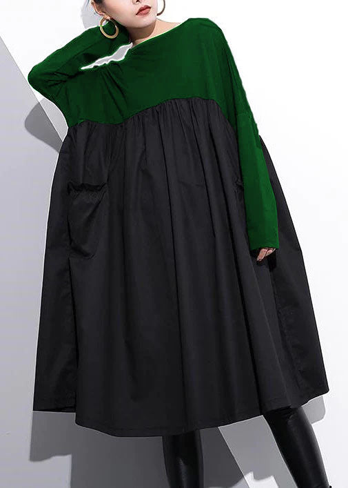 Stylish Green Cotton Shift Dress Cotton Clothing Dress High Waist Patchwork Cotton Dress