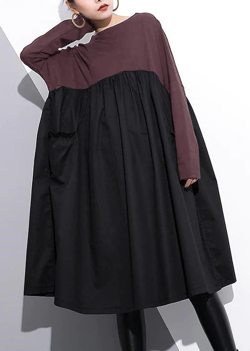 Stylish Bean Paste Color Cotton Shift Dress Cotton Clothing Dress High Waist Patchwork Cotton Dress