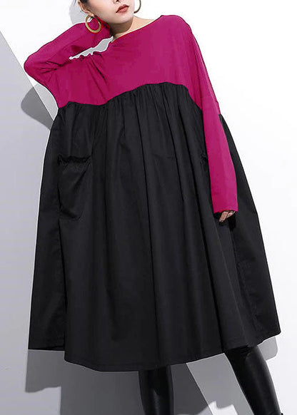 Stylish Rose Cotton Shift Dress Cotton Clothing Dress High Waist Patchwork Cotton Dress