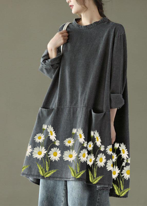 Black Grey-yellow Flower O-neck Pockets Denim Long Dresses Long Sleeve