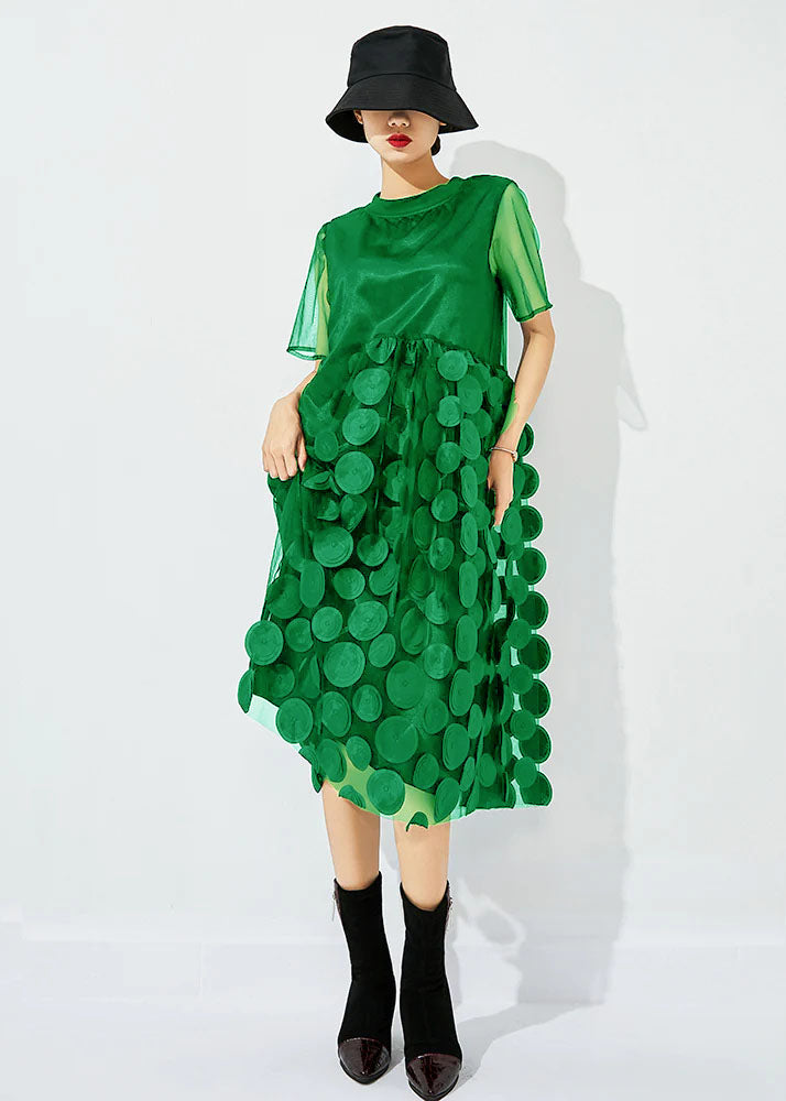 Tea Green O-neck Patchwork Dot Tulle Holiday Dress Summer
