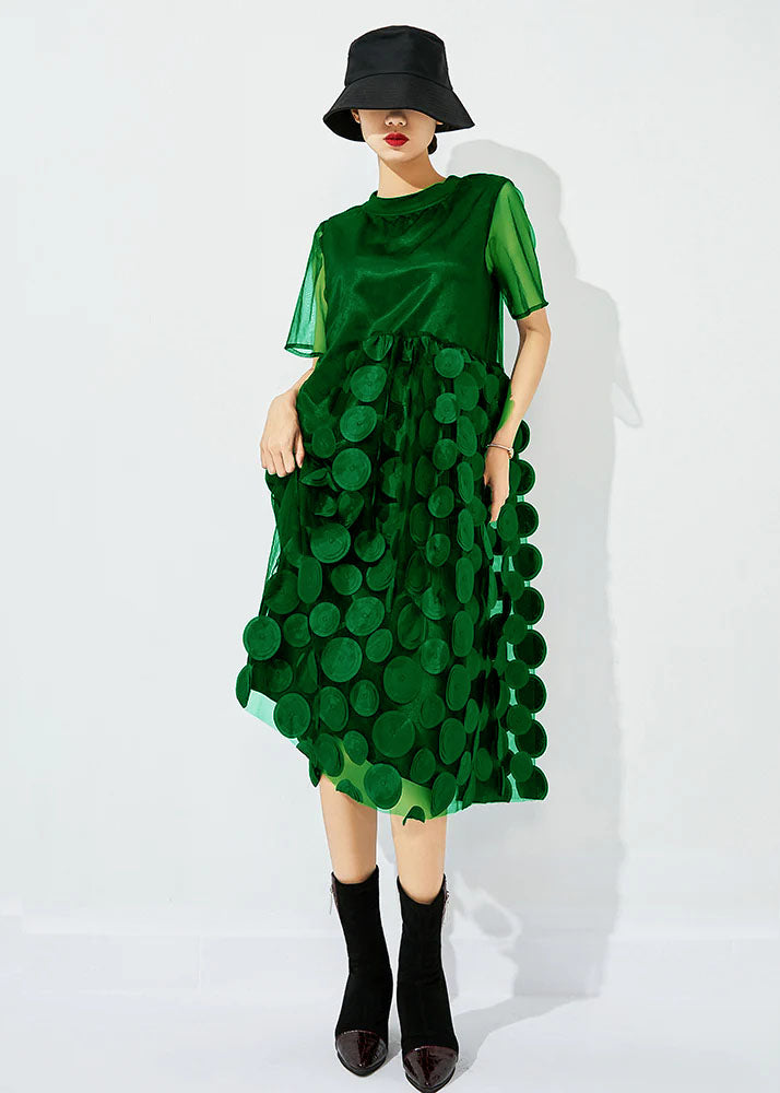 Light Green O-neck Patchwork Dot Tulle Holiday Dress Summer