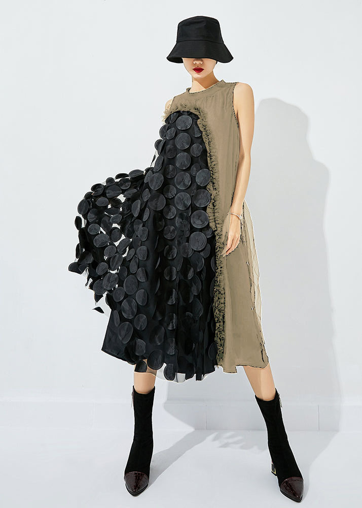 Black-green Dot Asymmetrical Patchwork Wrinkled Tulle Maxi Dress Sleeveless
