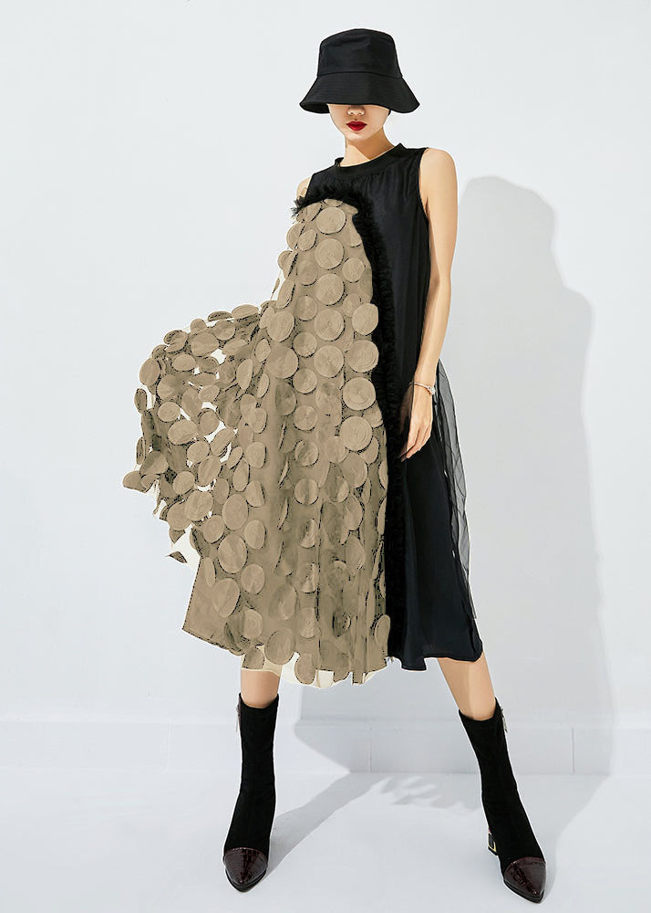 Khaki-black Dot Asymmetrical Patchwork Wrinkled Tulle Maxi Dress Sleeveless