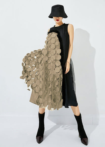 Black-khaki Dot Asymmetrical Patchwork Wrinkled Tulle Maxi Dress Sleeveless