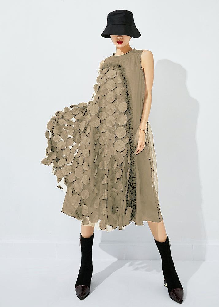 Black-green Dot Asymmetrical Patchwork Wrinkled Tulle Maxi Dress Sleeveless