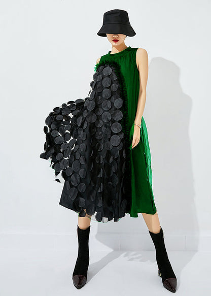 Light Green-black Dot Asymmetrical Patchwork Wrinkled Tulle Maxi Dress Sleeveless