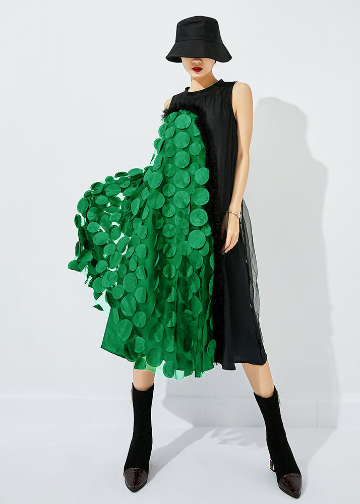 Black-green Dot Asymmetrical Patchwork Wrinkled Tulle Maxi Dress Sleeveless