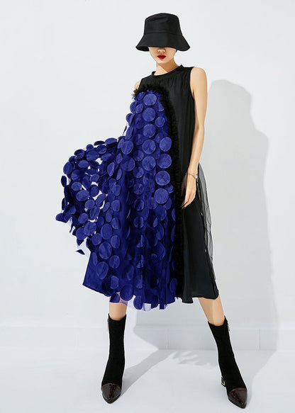 Yellow-black Dot Asymmetrical Patchwork Wrinkled Tulle Maxi Dress Sleeveless