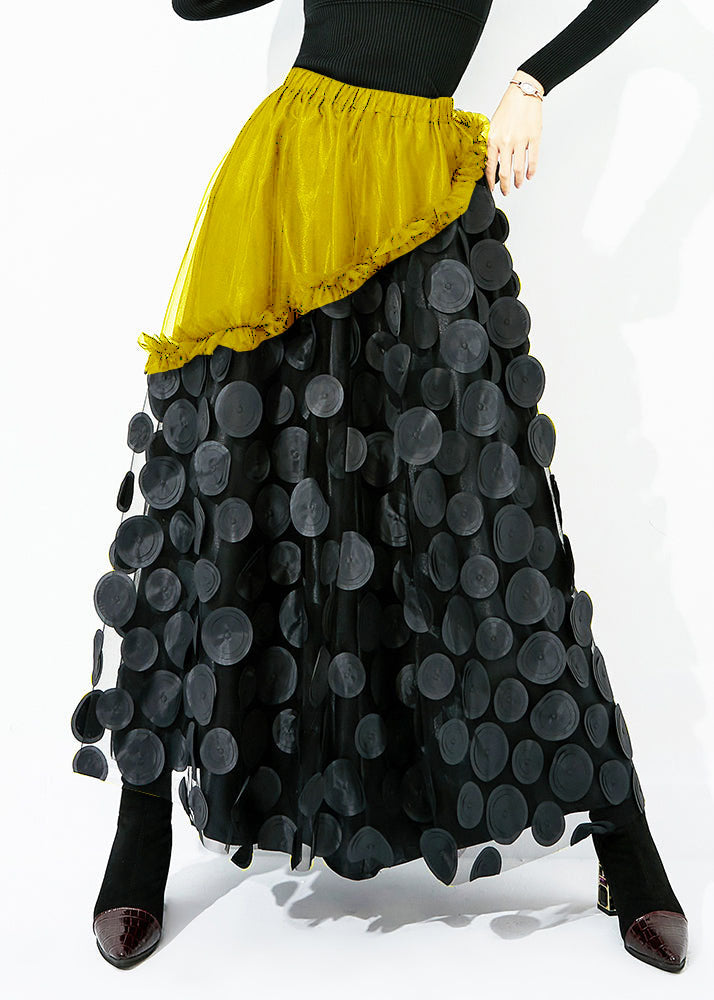 Original Design Green-black Dot Elastic Waist Patchwork Wrinkled Tulle Skirt Summer