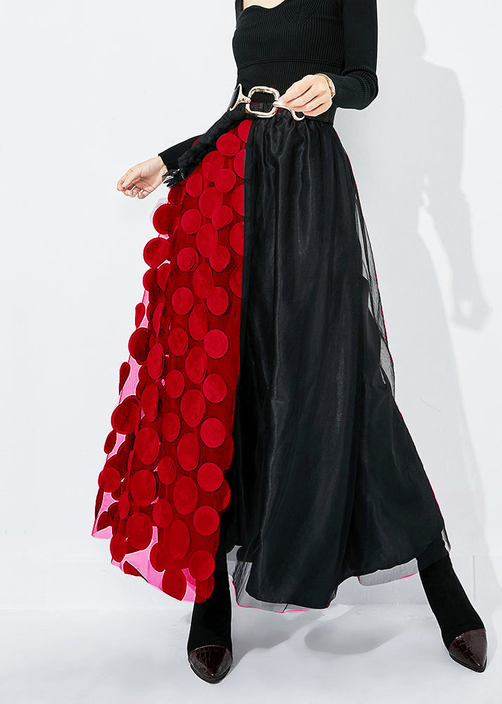 Black-green Dot Ruffled Patchwork Dot Tulle a Line Skirts Summer