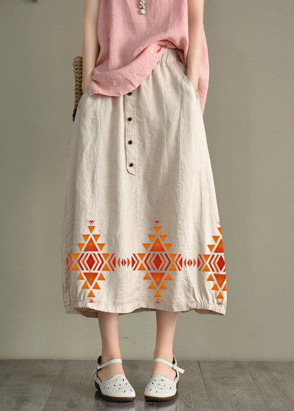 Beige-blue Dot Linen Elastic Waist Button Skirt