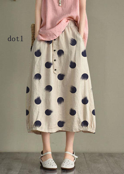 Beige-diamond Linen Elastic Waist Button Skirt