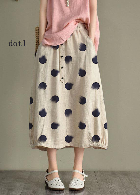 Beige-diamond Linen Elastic Waist Button Skirt