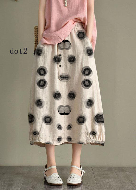 Beige-black Dot Linen Elastic Waist Button Skirt