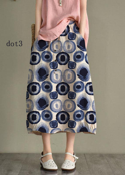 Beige-blue Dot Linen Elastic Waist Button Skirt