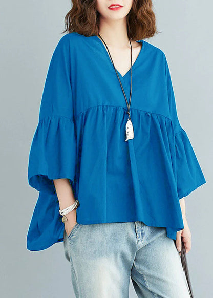 Black V Neck Patchwork Asymmetrical Design Fall Top Three Quarter Sleeve