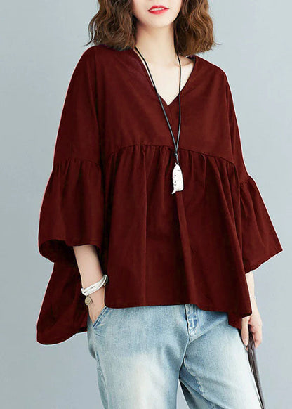 Mulberry V Neck Patchwork Asymmetrical Design Fall Top Three Quarter Sleeve