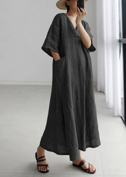 Black Peter Pan Collar Pockets Linen Long Dresses Short Sleeve