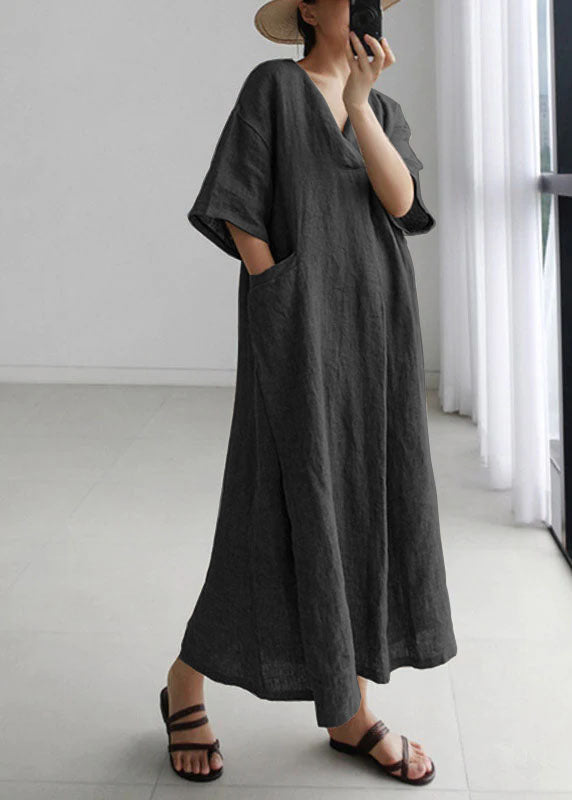 Green Peter Pan Collar Pockets Linen Long Dresses Short Sleeve