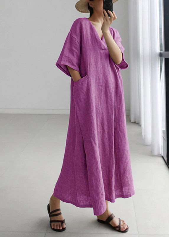 Grey Peter Pan Collar Pockets Linen Long Dresses Short Sleeve
