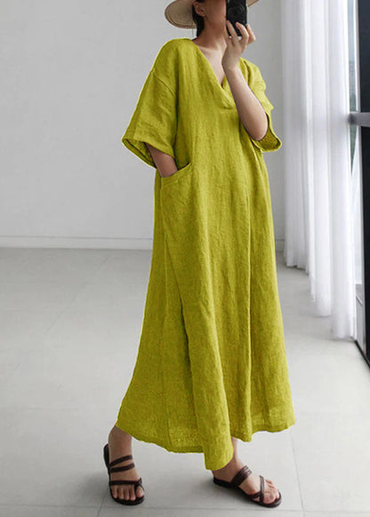 Red Peter Pan Collar Pockets Linen Long Dresses Short Sleeve