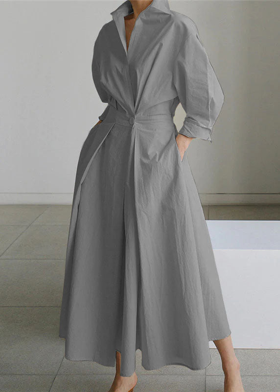 Pink Peter Pan Collar Pockets Cotton Dress Long Sleeve