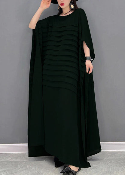 Blue O-neck Striped Chiffon Ankle Dress Batwing Sleeve