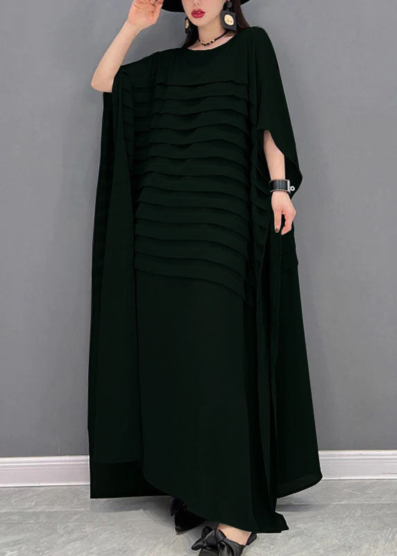 Red O-neck Striped Chiffon Ankle Dress Batwing Sleeve