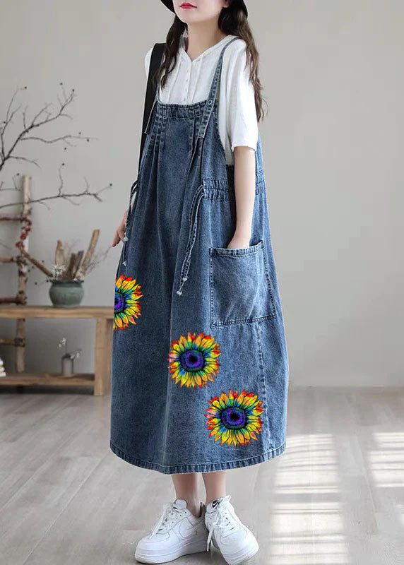 Blue-lace Drawstring Pocket Spaghetti Strap Cotton Denim Dress Spring