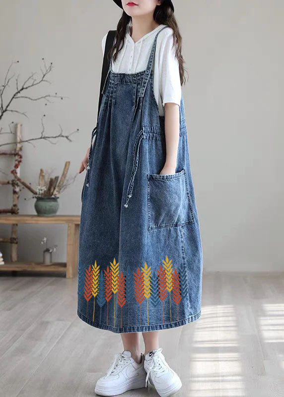 Blue-lace Drawstring Pocket Spaghetti Strap Cotton Denim Dress Spring
