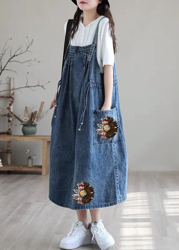 Blue-brown Flower Drawstring Pocket Spaghetti Strap Cotton Denim Dress Spring