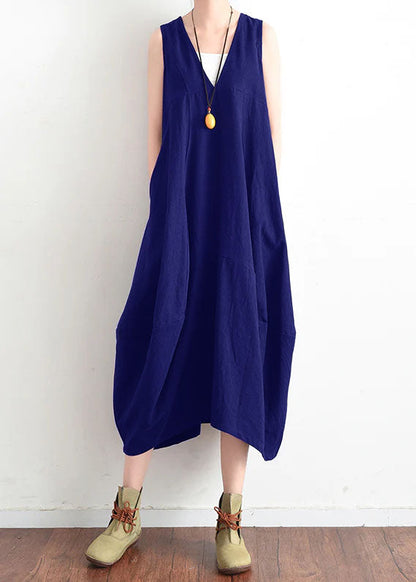 French Blue V Neck Linen Clothes for Stylish Design Sleevless Loose Summer Dress