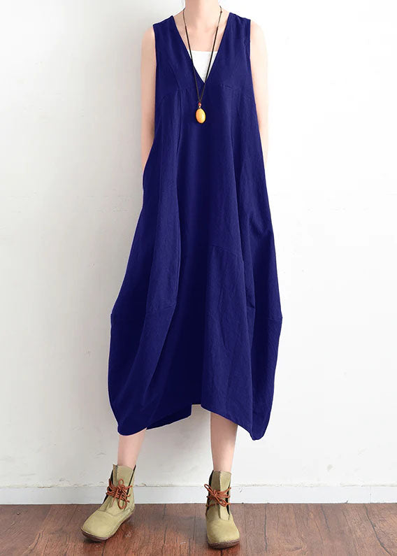 French Blue V Neck Linen Clothes for Stylish Design Sleevless Loose Summer Dress