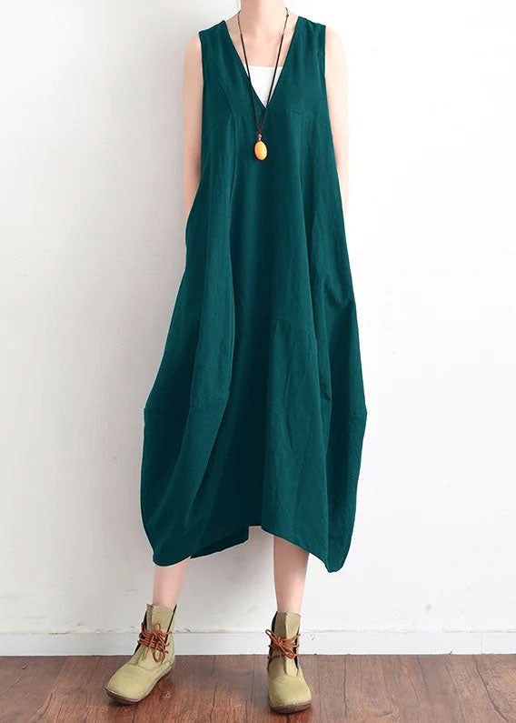 French Black V Neck Linen Clothes for Stylish Design Sleevless Loose Summer Dress