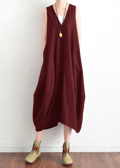 French Blue V Neck Linen Clothes for Stylish Design Sleevless Loose Summer Dress