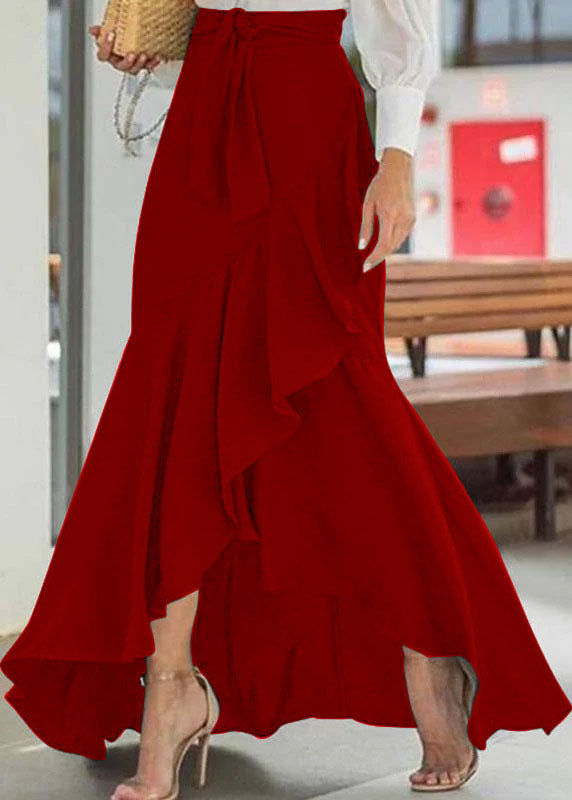 Red Color High Waist Ruffle High Low Hem Swing Maxi Skirts for