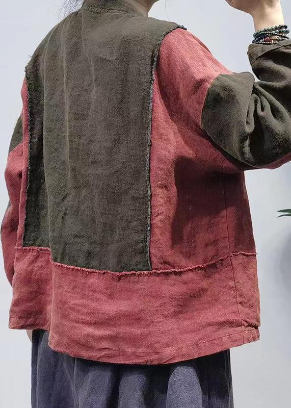 Reddish Black Retro Cotton Shirt Tops Stand Collar Long Sleeve