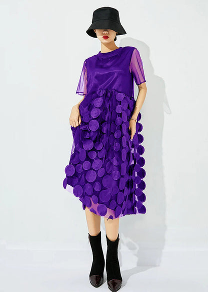 Tea Green O-neck Patchwork Dot Tulle Holiday Dress Summer