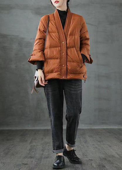 Caramel V Neck Button Thick Winter Jackets