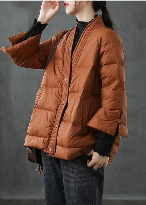 Caramel V Neck Button Thick Winter Jackets