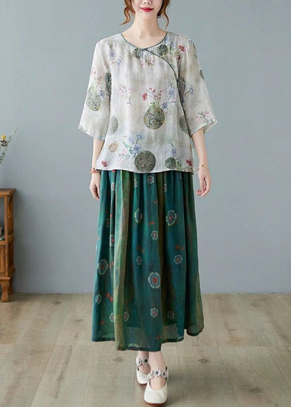 Black Flower Elastic Waist Print Linen Skirts Summer