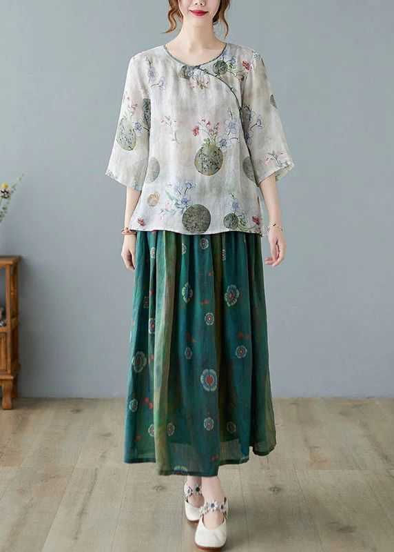 Black Flower Elastic Waist Print Linen Skirts Summer