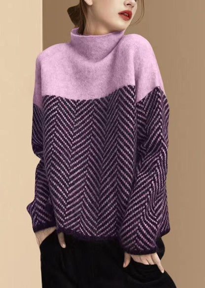 Khaki Turtle Neck Patchwork Knit Pullover Winter